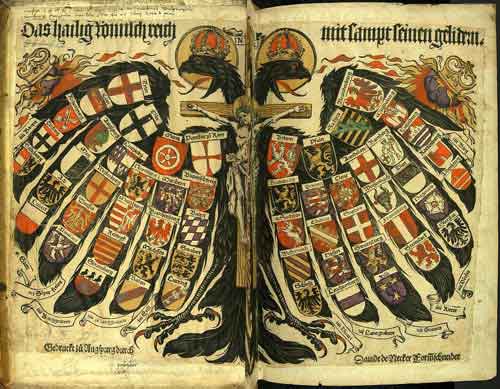Wappen des Deutschen Reiches 1510. Das gekreuzigt Volk symbolisch dargestellt.