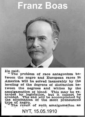 Franz Boas, Führungsjude an der Columbia Universität, forderte 1910 sozusagen die Zwangsvermischtung von Weißen und Negern.